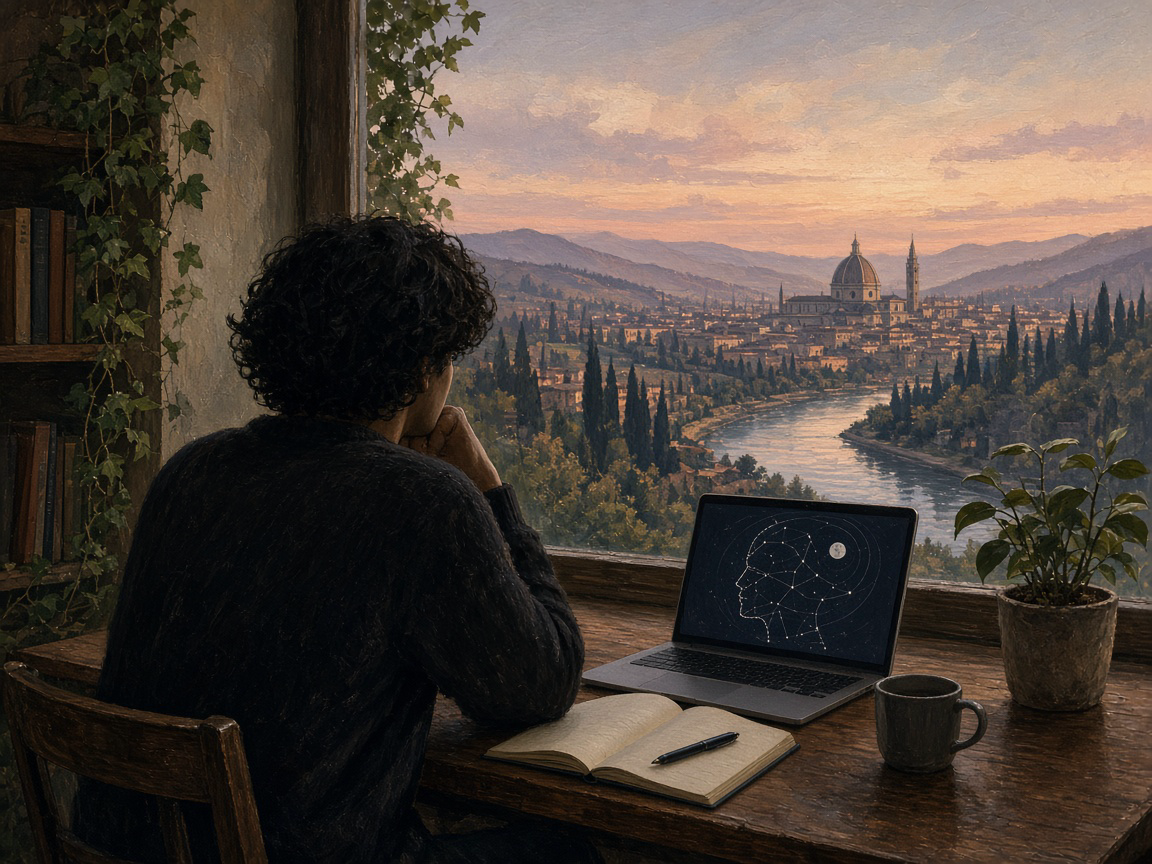 A person at a desk looks at a laptop showing a constellation-like head.