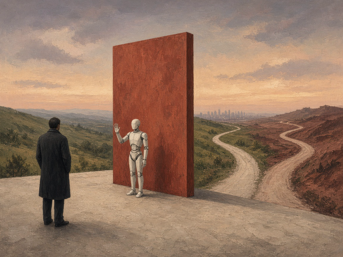 A person faces a robot standing before a red wall on a forked path.
