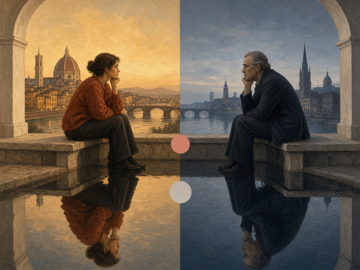 Two people sit under facing arches, one in warm light and one in cool light, reflected in still water.