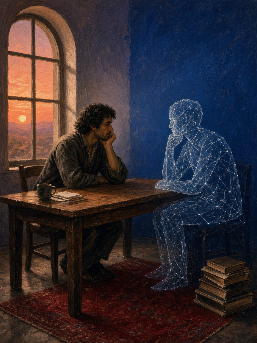 A person sits across a table from a translucent, constellation-like figure.
