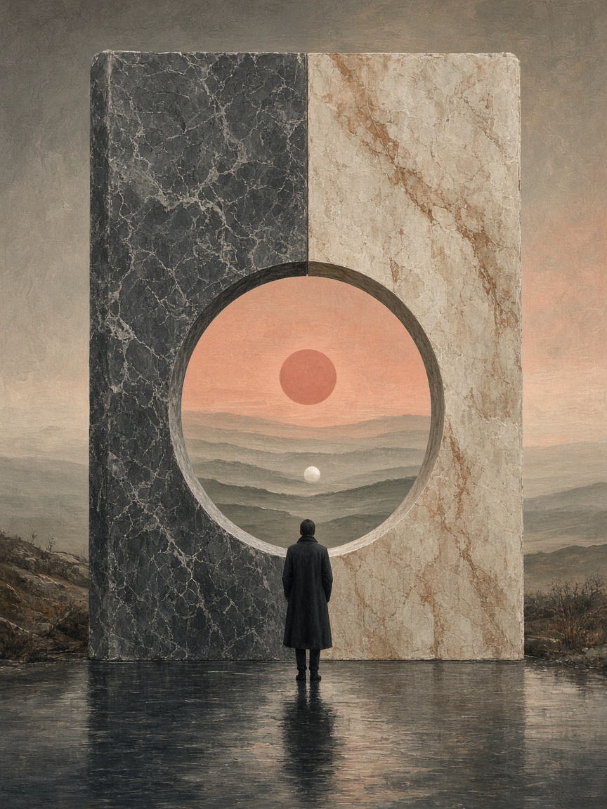 A figure faces a split marble circle that opens onto a distant landscape.