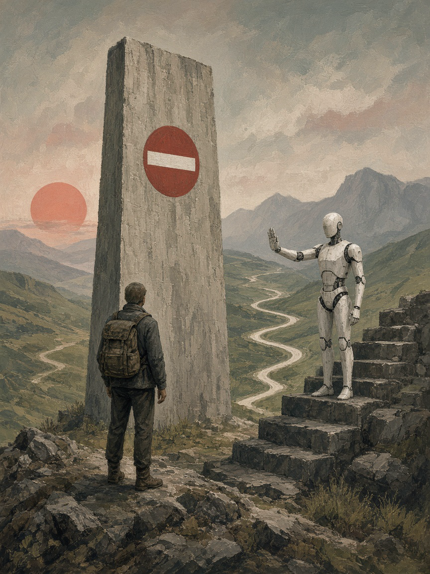 A person stands before a stone slab marked with a no-entry sign; a robot waits on the steps beside it.