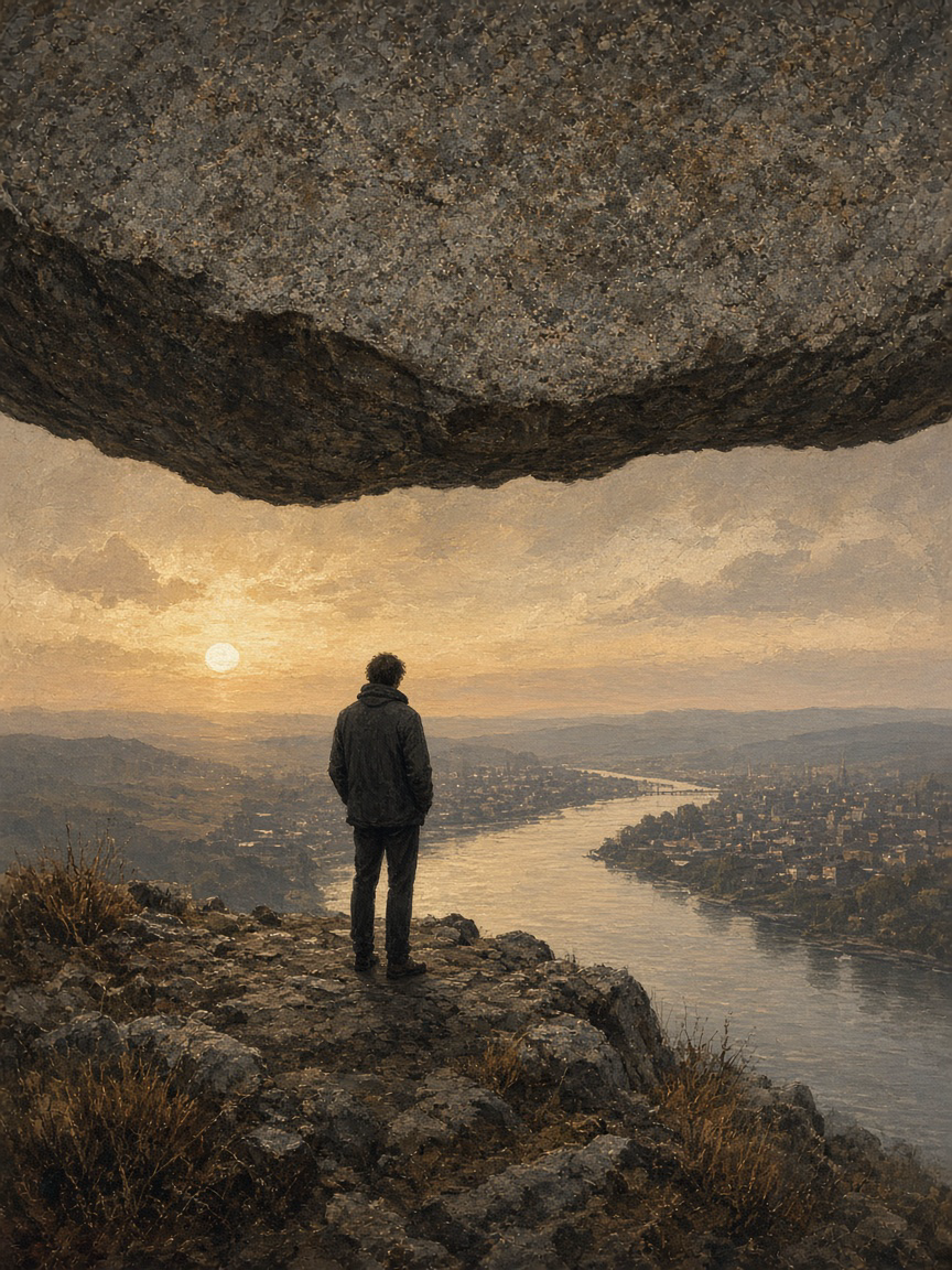 A figure stands on a ridge under a stone slab, looking over a river city at dusk.