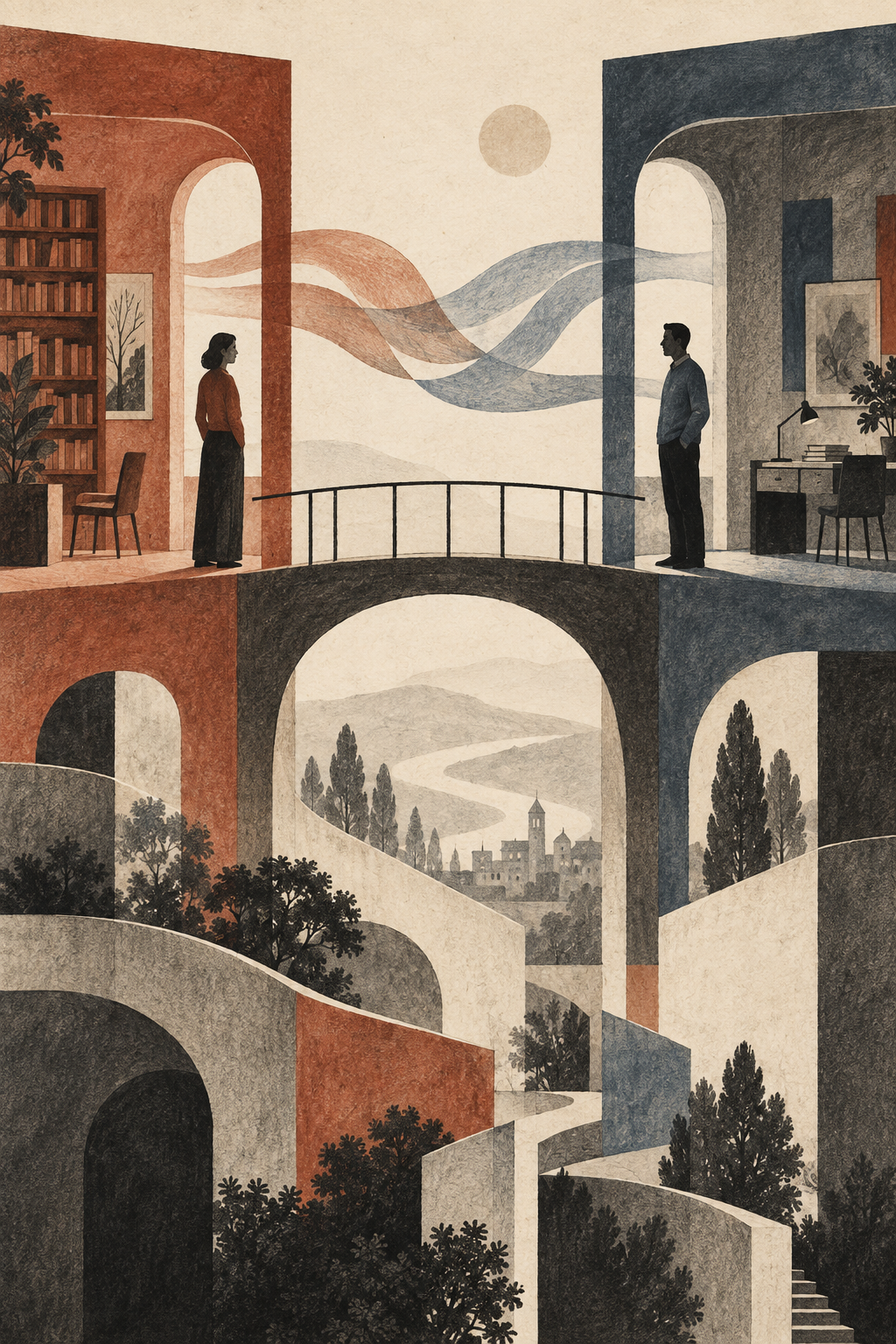 Two figures stand on a high bridge between a library and a study; a river town lies below the arches.