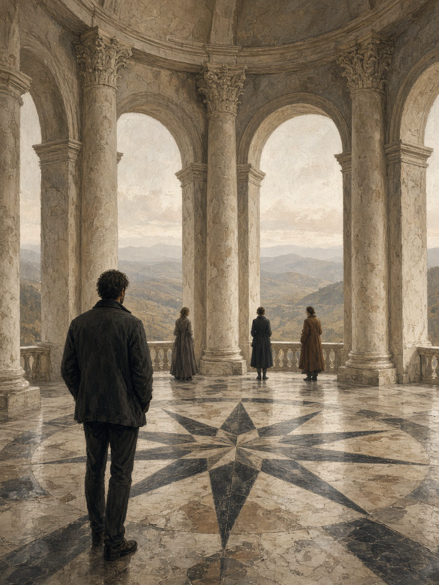 A figure stands in a rotunda among silent companions, looking out to the hills.
