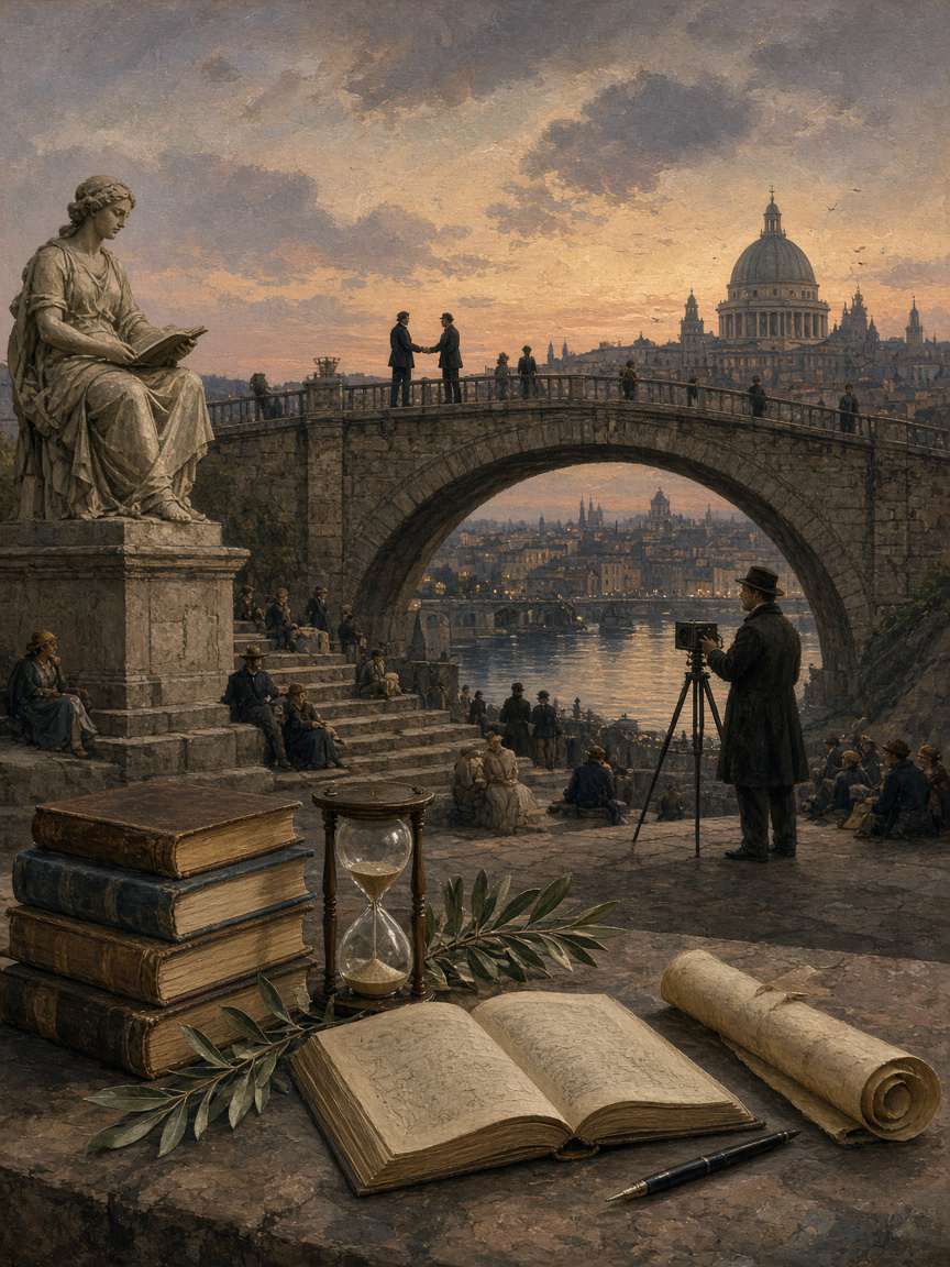 People gather on the steps of a civic arch; books and a scroll rest in the foreground.