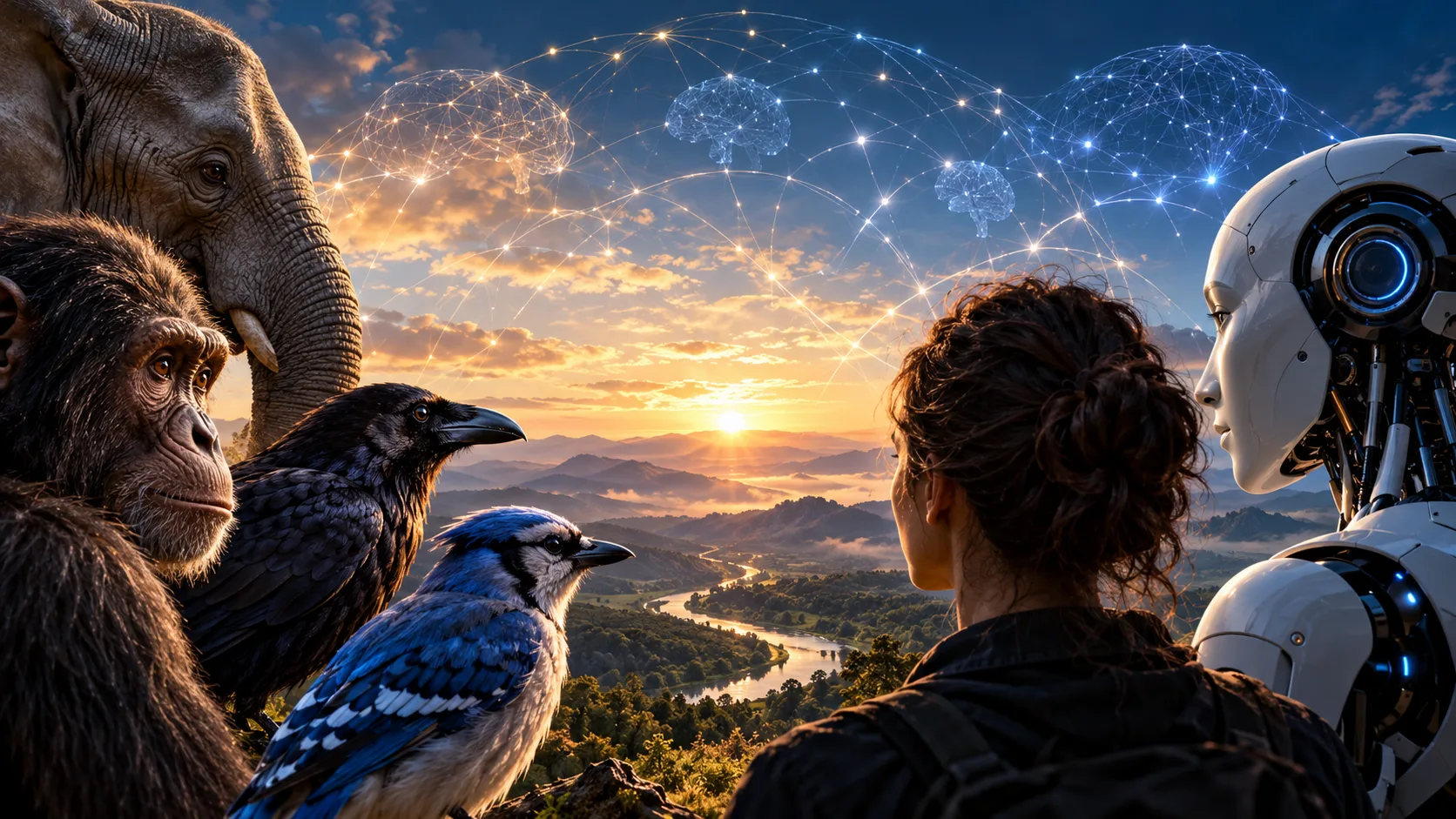 An elephant, chimpanzee, raven, blue jay, a woman and a humanoid robot facing a sunrise beneath glowing neural-network arcs