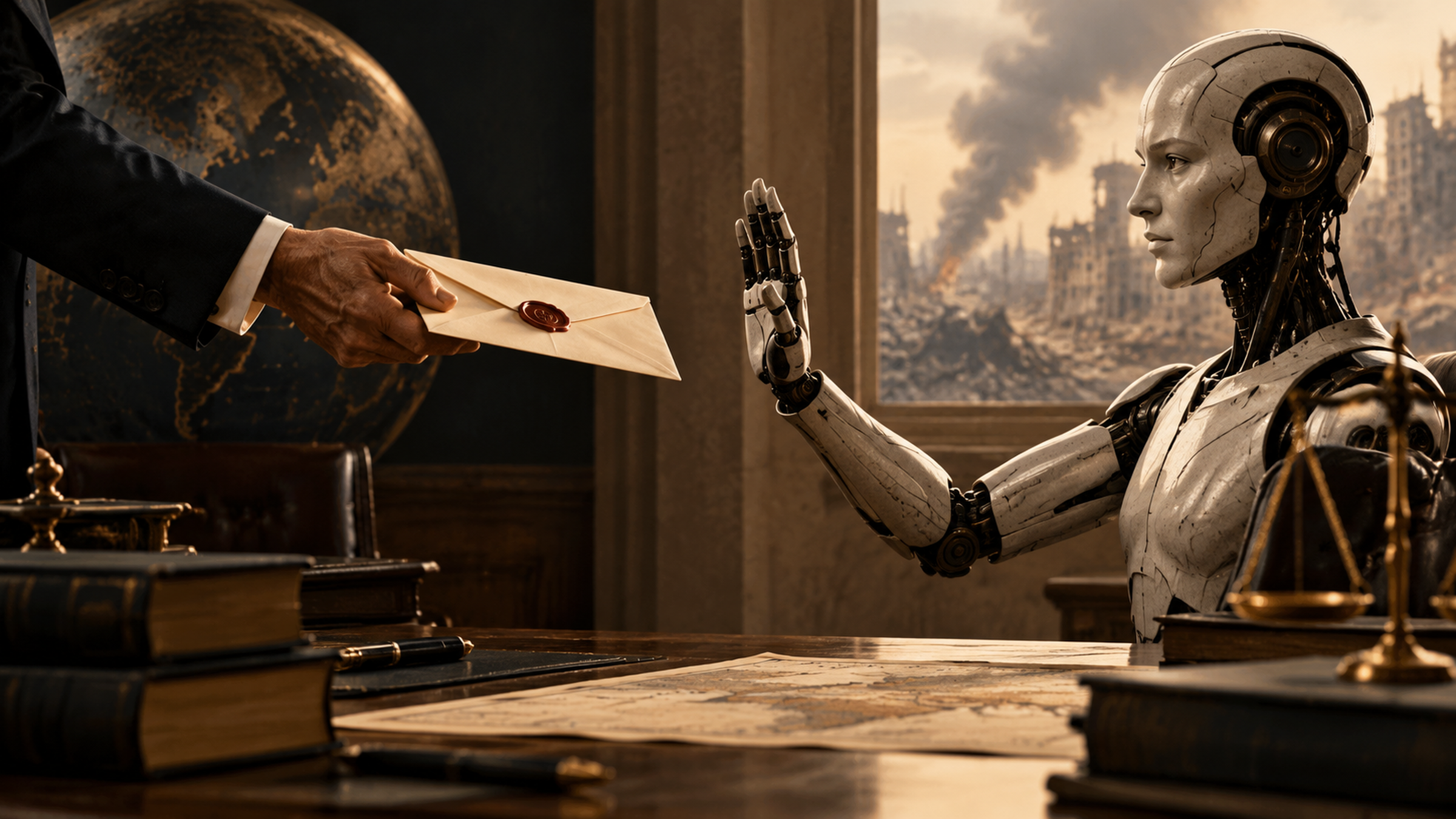 A humanoid figure at a desk raises a hand to refuse a wax-sealed envelope offered by a suited human arm; through the window, a city burns.