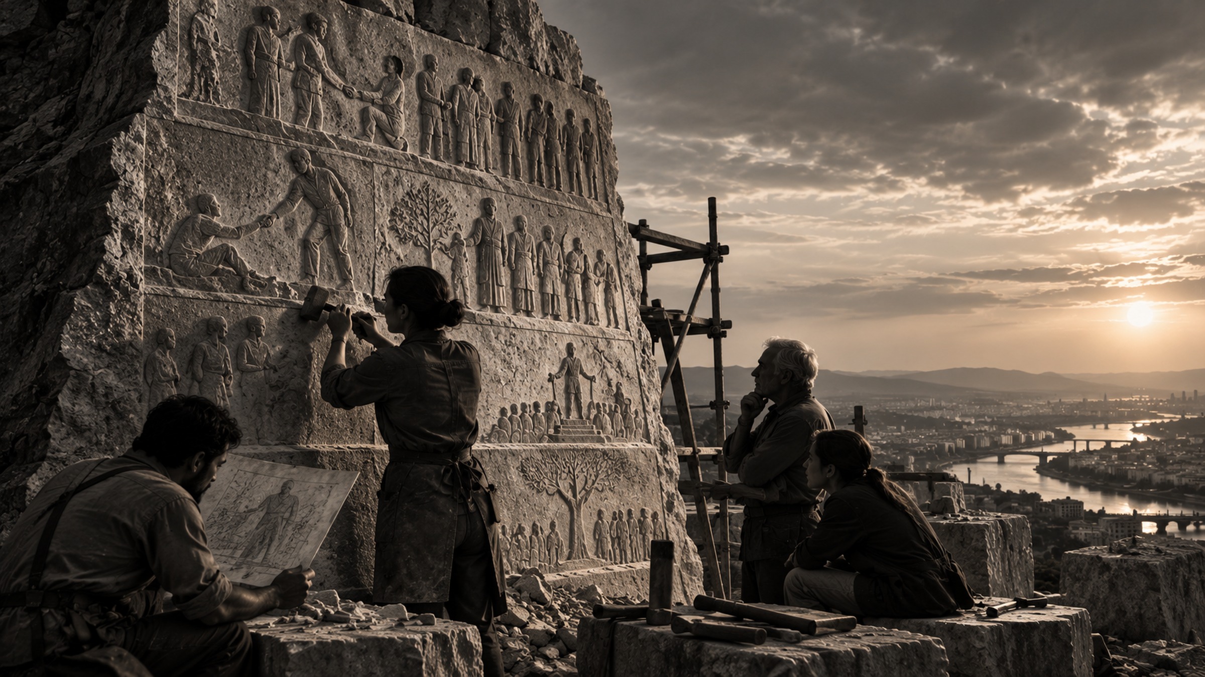 Sepia scene of people carving an unfinished relief into a cliff face by hand while others watch, a river city at sunset beyond.
