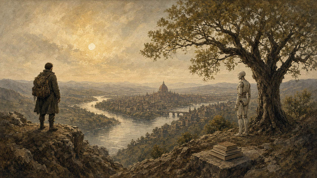 A figure on a ridge looks over a river valley; a robot stands under a tree beside a stack of books.