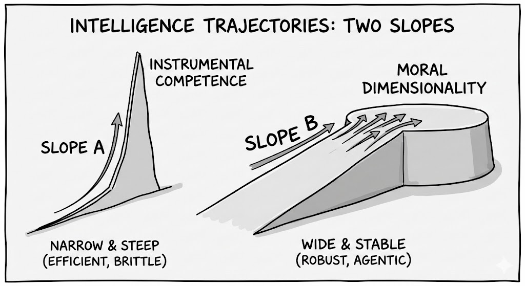 Slope A rises as instrumental competence without moral dimensionality. Slope B rises as coherence and moral agency. The space between them is the valley of coherence.
